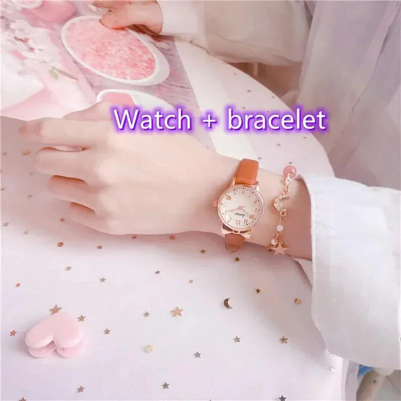 Kids' Digital Simple Watch Set with Leather Strap Quartz Watches for Girls + Bracelet