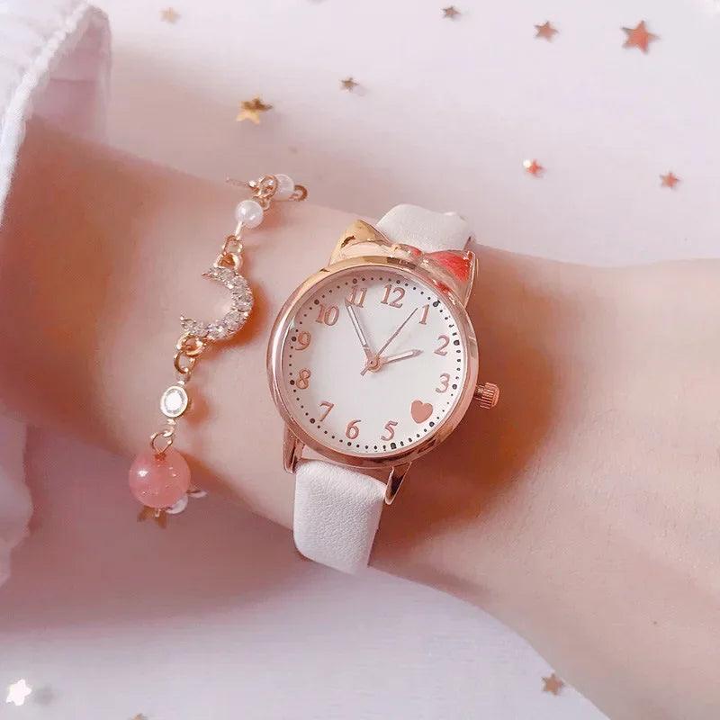 Kids' Digital Simple Watch Set with Leather Strap Quartz Watches for Girls + Bracelet