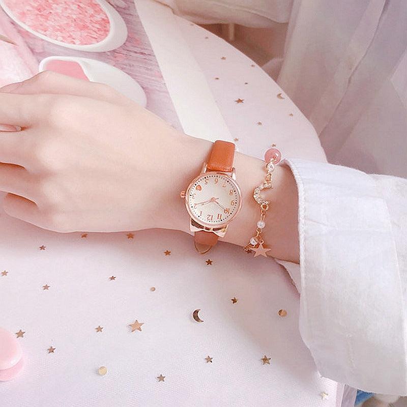 Kids' Digital Simple Watch Set with Leather Strap Quartz Watches for Girls + Bracelet