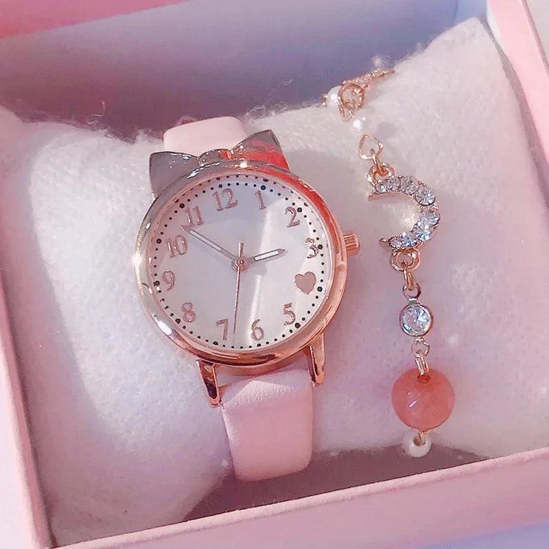 Kids' Digital Simple Watch Set with Leather Strap Quartz Watches for Girls + Bracelet