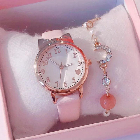 Kids' Digital Simple Watch Set with Leather Strap Quartz Watches for Girls + Bracelet