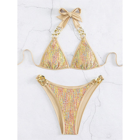 Alice Halter Shiny Sequin Metal Ring Bikini