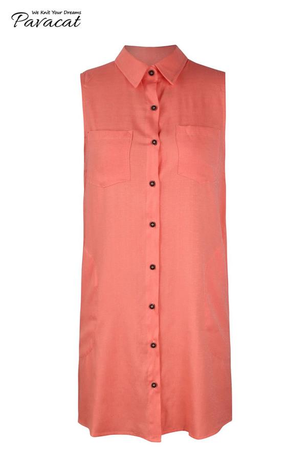 V Neck Pockets Loose Dress - Pink