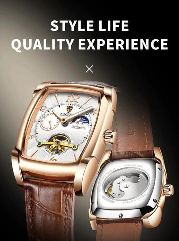 Gold Automatic Mechanical Men Watches Moon Phase Leather Strap Waterproof Skeleton Self Wind Wristwatch