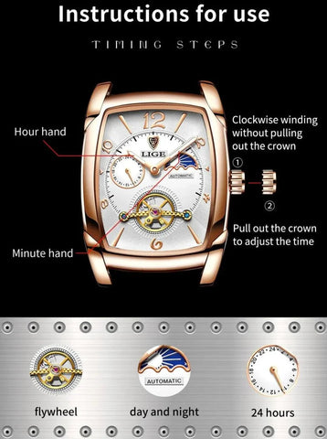 Gold Automatic Mechanical Men Watches Moon Phase Leather Strap Waterproof Skeleton Self Wind Wristwatch