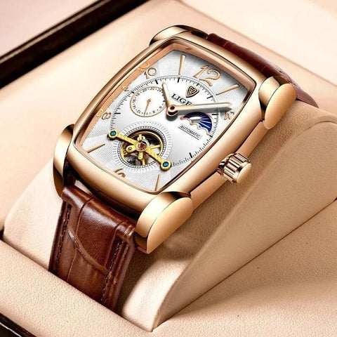 Gold Automatic Mechanical Men Watches Moon Phase Leather Strap Waterproof Skeleton Self Wind Wristwatch