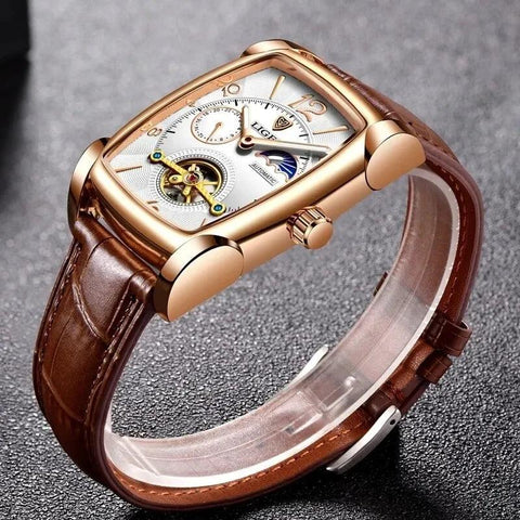 Gold Automatic Mechanical Men Watches Moon Phase Leather Strap Waterproof Skeleton Self Wind Wristwatch