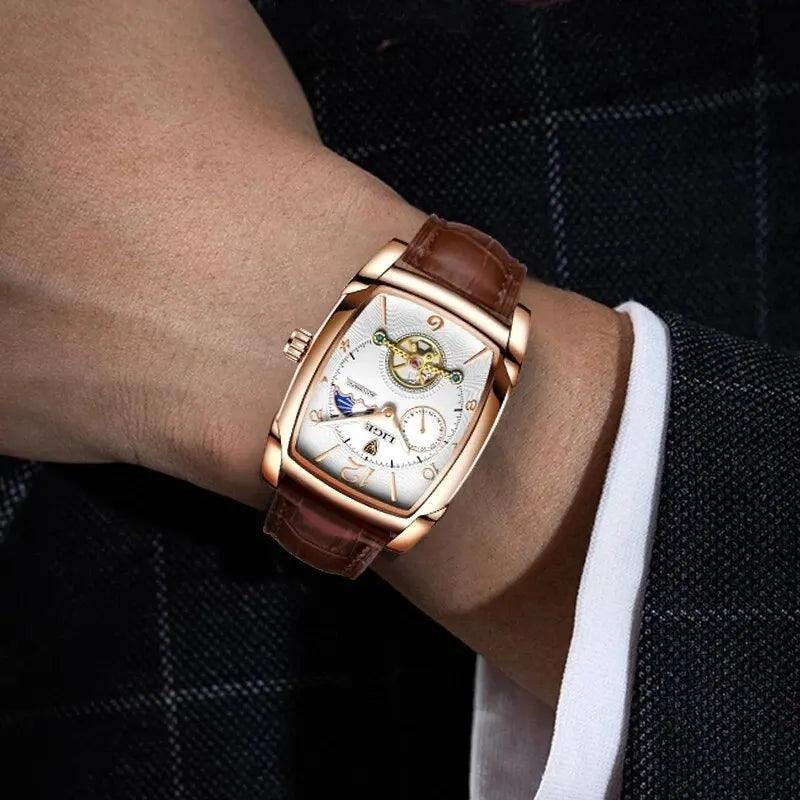 Gold Automatic Mechanical Men Watches Moon Phase Leather Strap Waterproof Skeleton Self Wind Wristwatch