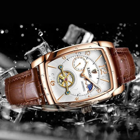 Gold Automatic Mechanical Men Watches Moon Phase Leather Strap Waterproof Skeleton Self Wind Wristwatch