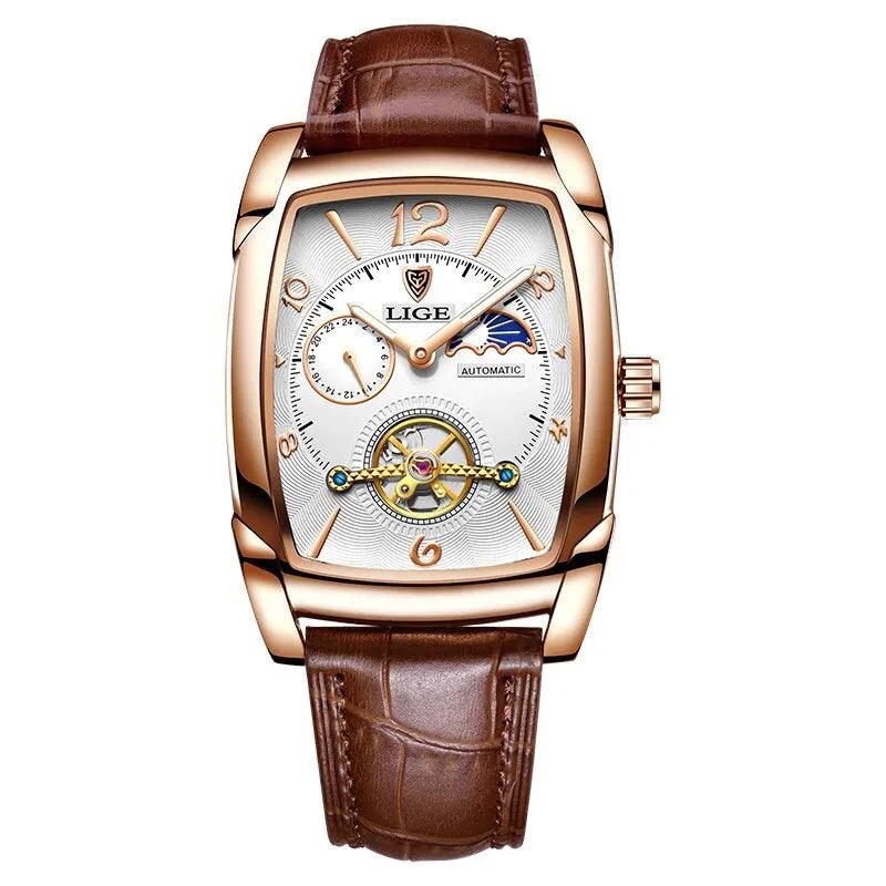 Gold Automatic Mechanical Men Watches Moon Phase Leather Strap Waterproof Skeleton Self Wind Wristwatch