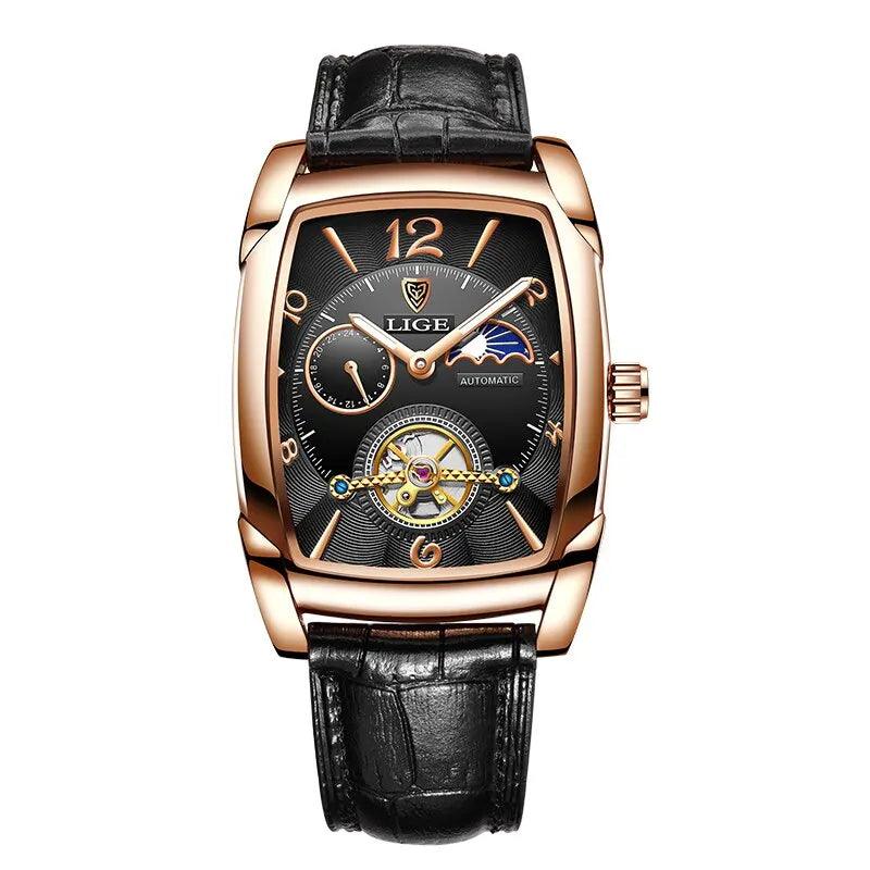 Gold Automatic Mechanical Men Watches Moon Phase Leather Strap Waterproof Skeleton Self Wind Wristwatch