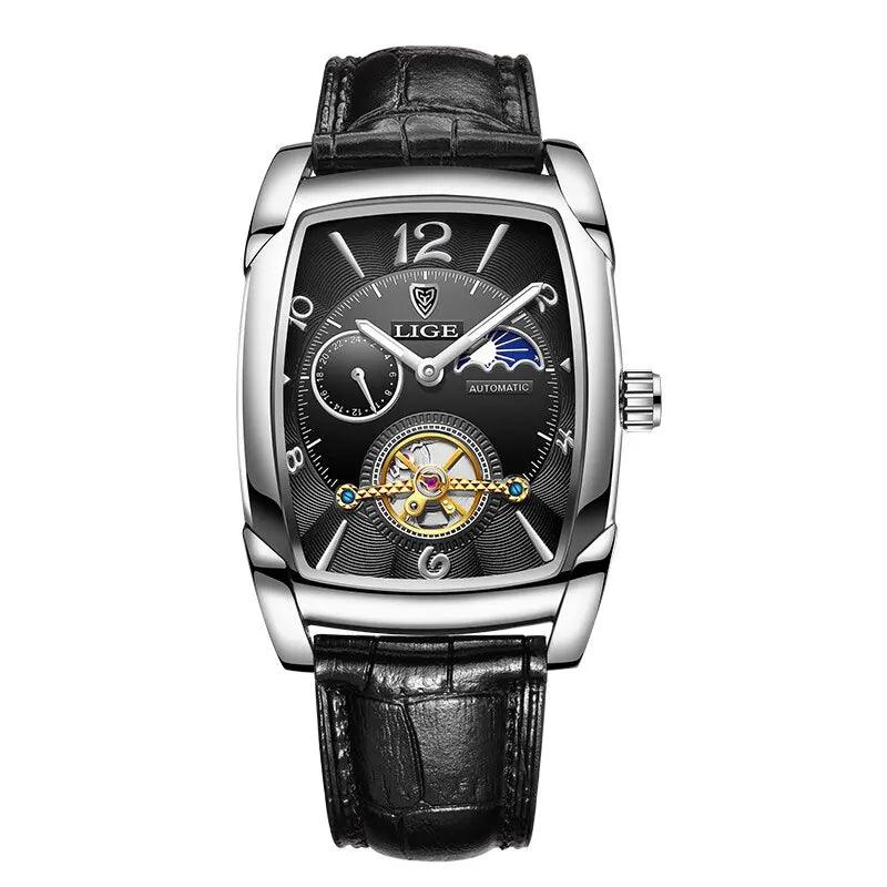 Gold Automatische Mechanische Herrenuhren Mondphase Lederarmband Wasserdicht Skelett Selbstaufzug Armbanduhr