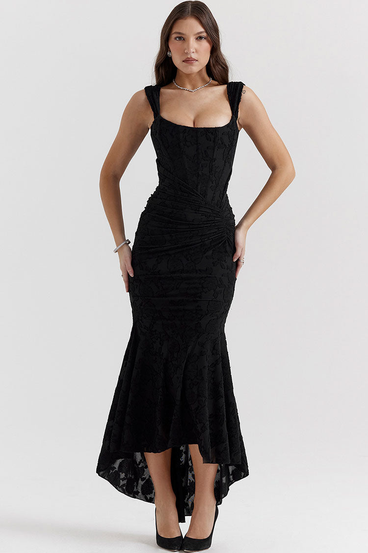 Luxury Textured Floral Ruched Corset Sleeveless Fishtail Evening Dress - Black