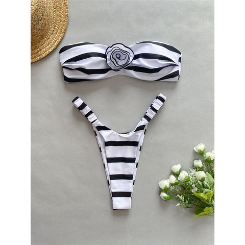 Connie 3D Flower Striped Bandeau Strapless Bikini