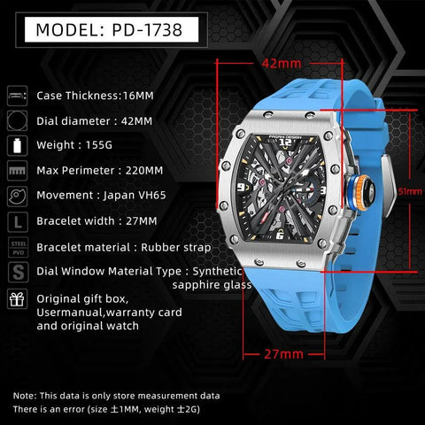 Simple Quartz Skeleton Sport Watch PD-1738 | Waterproof Rectangle Design