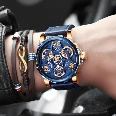 Watches Top Sport style Design Quartz Watch Men Blue Leather Strap 30M Waterproof