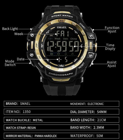 Men Watches Digital LED Light Simple Watch Shock Military Watches Top Brand 1350 Digital Wristwatches Sports