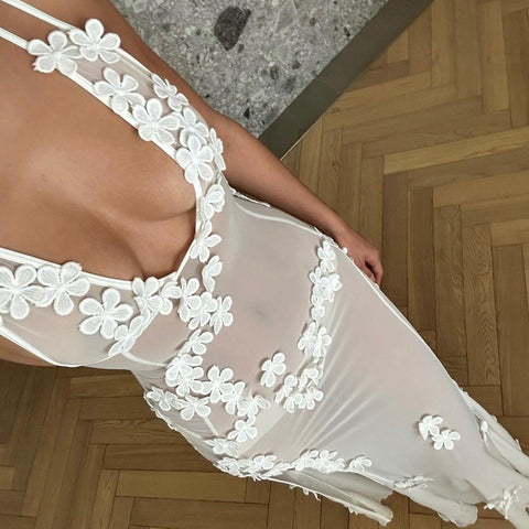 White Blossom Mesh Maxi Dress