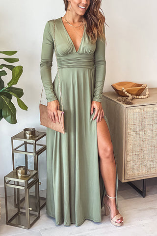 V Neck Long Sleece Slit Maxi Dress