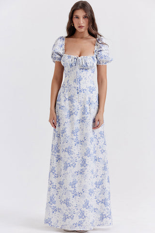 Pretty Tie Neck Puff Sleeve Floral Print Puff Sleeve Summer Maxi Sundress - Blue