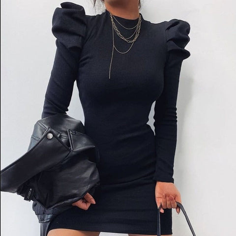 Yanna Long Puff Sleeve Rib Mini Dress