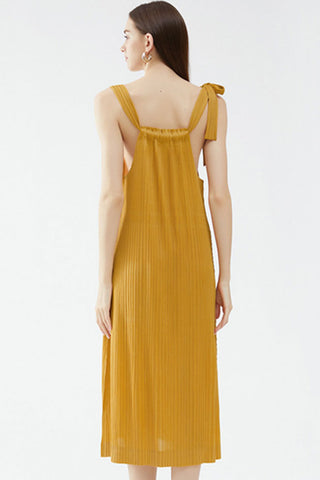 Relaxed Square Neck Tie Strap Pocketed A Line Pleated Midi Sundress - Yellow