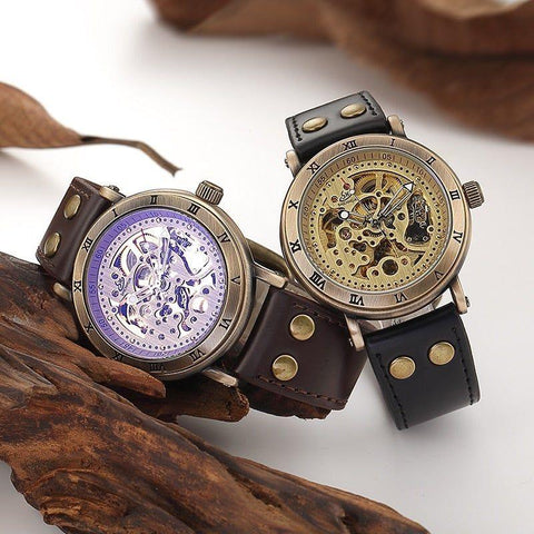 Retro Style Men Automatic Mechanical Watch Skeleton Steampunk Genuine Leather Band Self Winding Wrist Watches Men