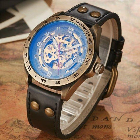 Retro Style Men Automatic Mechanical Watch Skeleton Steampunk Genuine Leather Band Self Winding Wrist Watches Men