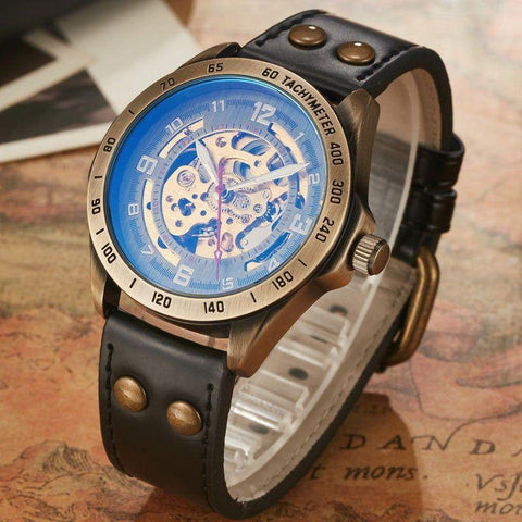 Retro Style Men Automatic Mechanical Watch Skeleton Steampunk Genuine Leather Band Self Winding Wrist Watches Men