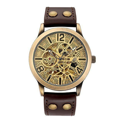 Retro Style Men Automatic Mechanical Watch Skeleton Steampunk Genuine Leather Band Self Winding Wrist Watches Men