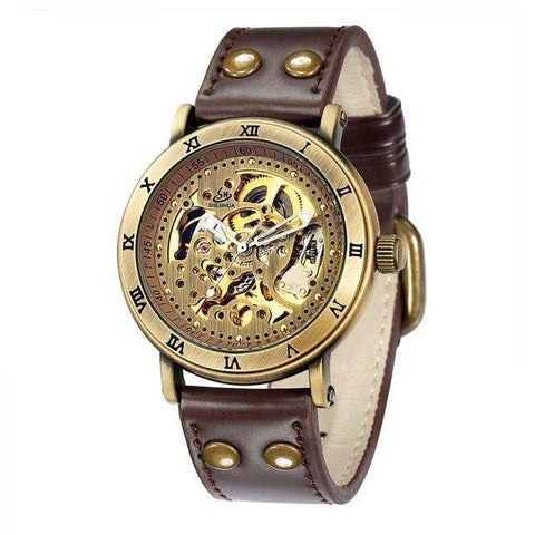 Retro Style Men Automatic Mechanical Watch Skeleton Steampunk Genuine Leather Band Self Winding Wrist Watches Men