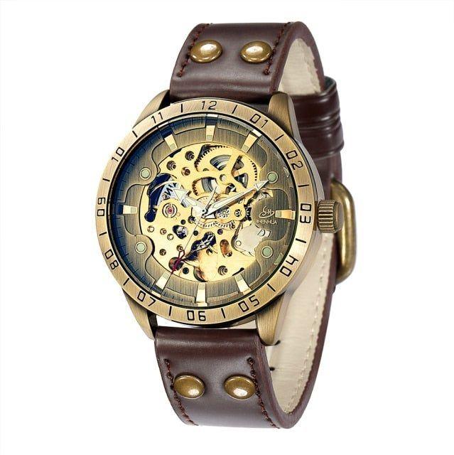 Retro Style Men Automatic Mechanical Watch Skeleton Steampunk Genuine Leather Band Self Winding Wrist Watches Men