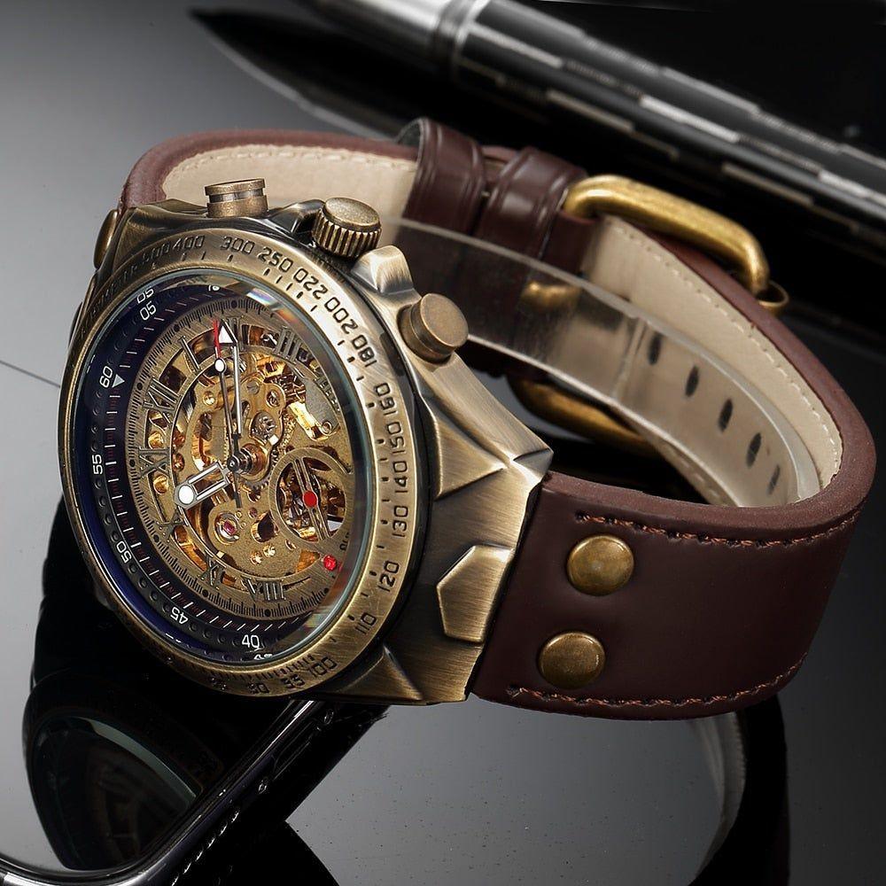 Retro Style Men Automatic Mechanical Watch Skeleton Steampunk Genuine Leather Band Self Winding Wrist Watches Men