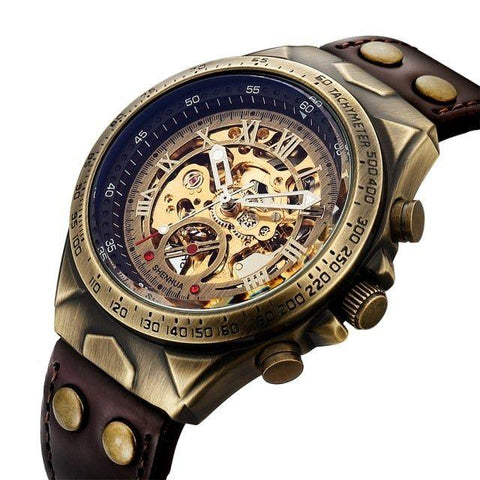 Retro Style Men Automatic Mechanical Watch Skeleton Steampunk Genuine Leather Band Self Winding Wrist Watches Men