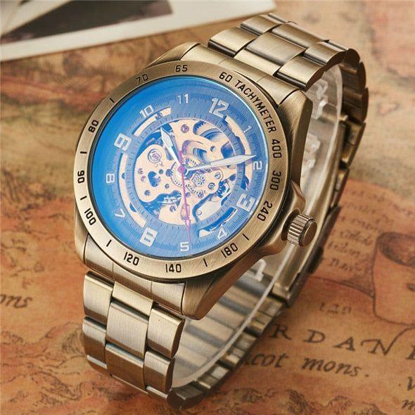 Retro Style Men Automatic Mechanical Watch Skeleton Steampunk Genuine Leather Band Self Winding Wrist Watches Men