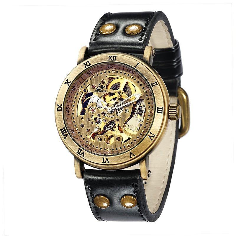 Retro Style Men Automatic Mechanical Watch Skeleton Steampunk Genuine Leather Band Self Winding Wrist Watches Men