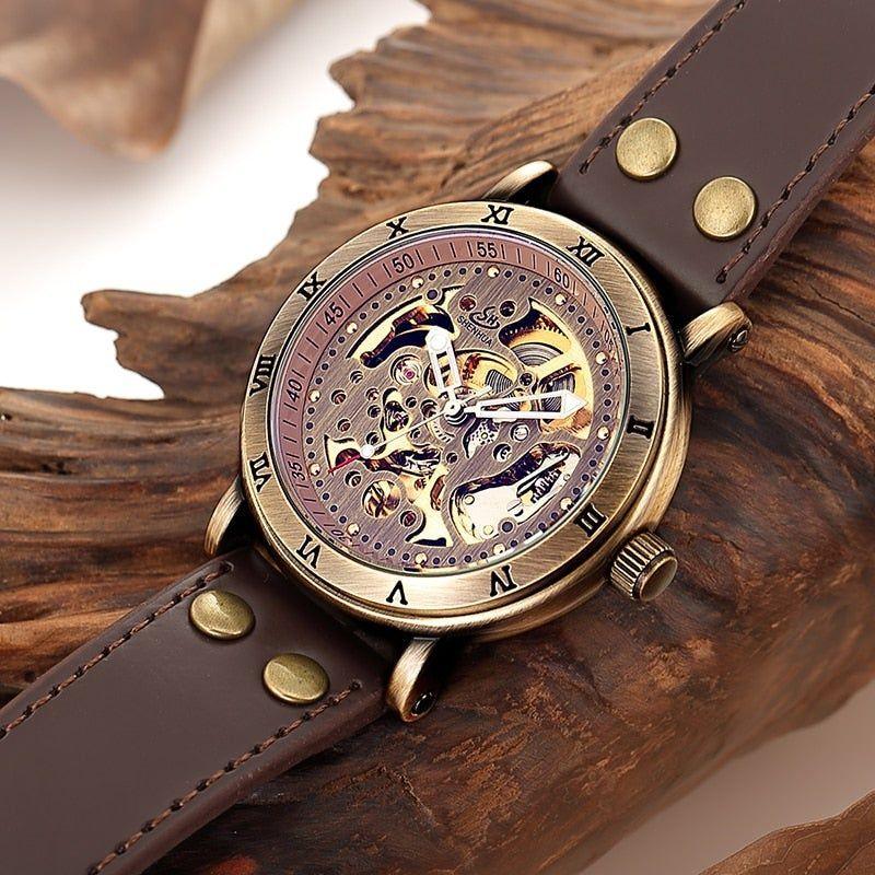 Retro Style Men Automatic Mechanical Watch Skeleton Steampunk Genuine Leather Band Self Winding Wrist Watches Men