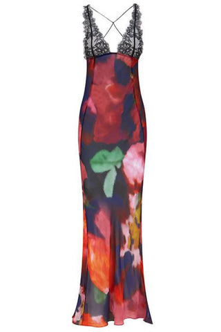 Deep V Printed Lace Chiffon Sheer Fishtail Slip Maxi Dress - Multicolor