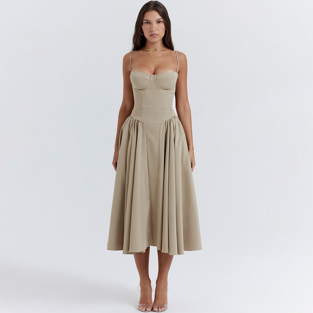 Demi Neck Drop Waist Fit and Flare Midi Cami Sundress - Khaki