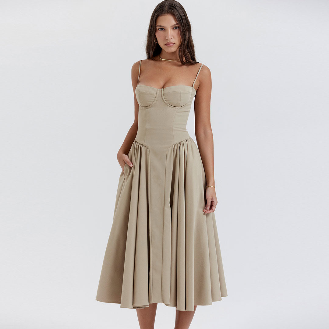 Demi Neck Drop Waist Fit and Flare Midi Cami Sundress - Khaki