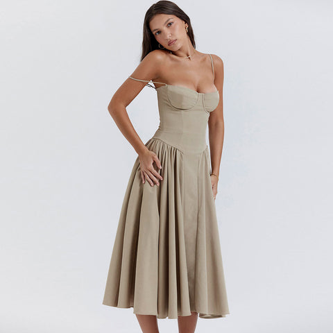 Demi Neck Drop Waist Fit and Flare Midi Cami Sundress - Khaki