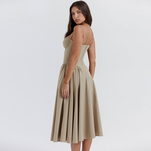 Demi Neck Drop Waist Fit and Flare Midi Cami Sundress - Khaki