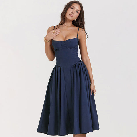 Demi Neck Drop Waist Fit and Flare Midi Cami Sundress - Navy Blue