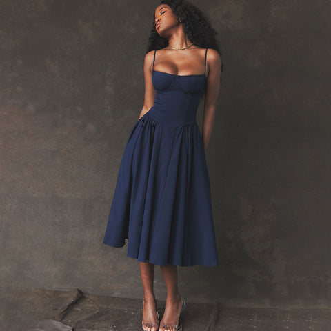 Demi Neck Drop Waist Fit and Flare Midi Cami Sundress - Navy Blue