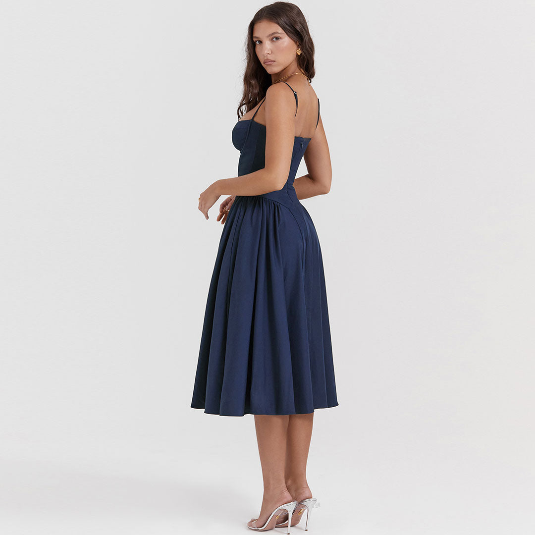 Demi Neck Drop Waist Fit and Flare Midi Cami Sundress - Navy Blue