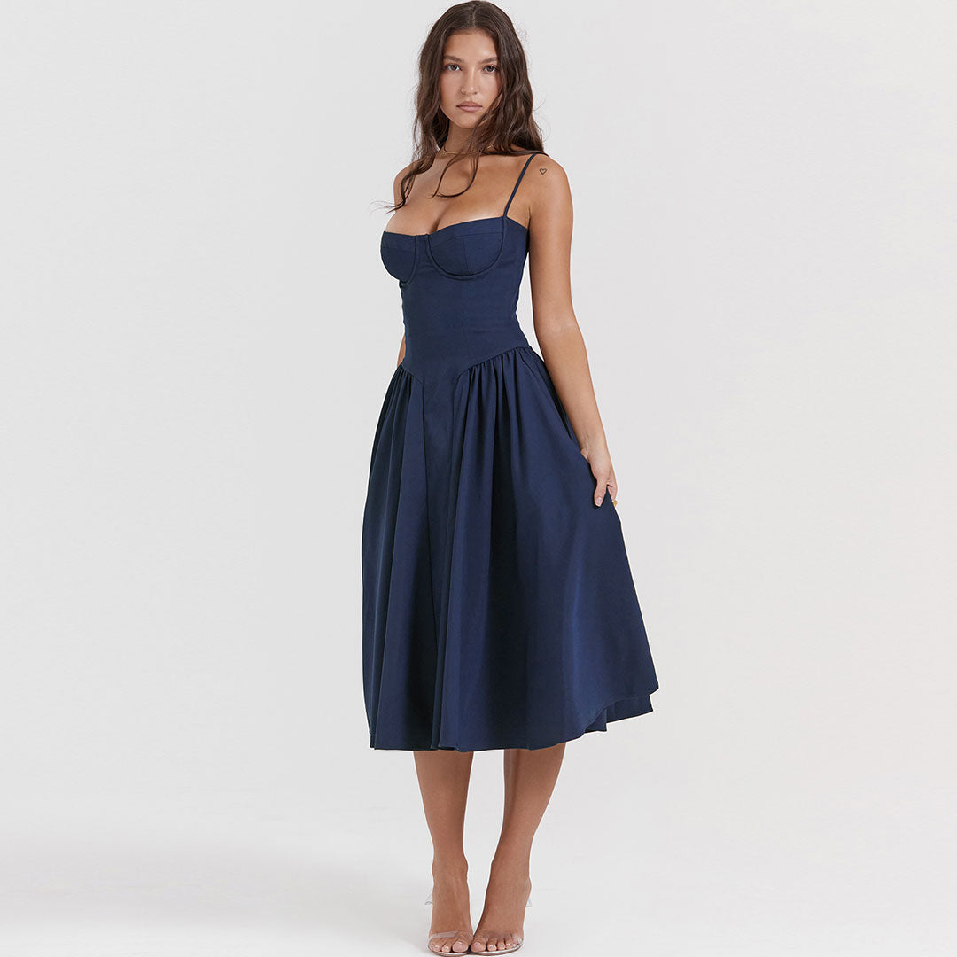 Demi Neck Drop Waist Fit and Flare Midi Cami Sundress - Navy Blue