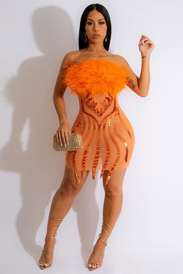 Faux Fur Strapless Sequin Sheer Mesh Club Mini Dress - Burnt Orange