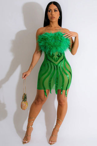 Faux Fur Strapless Sequin Sheer Mesh Club Mini Dress - Green