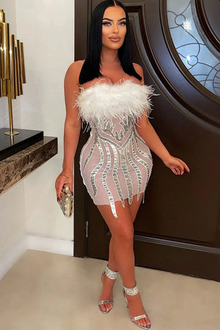 Faux Fur Strapless Sequin Sheer Mesh Club Mini Dress - White