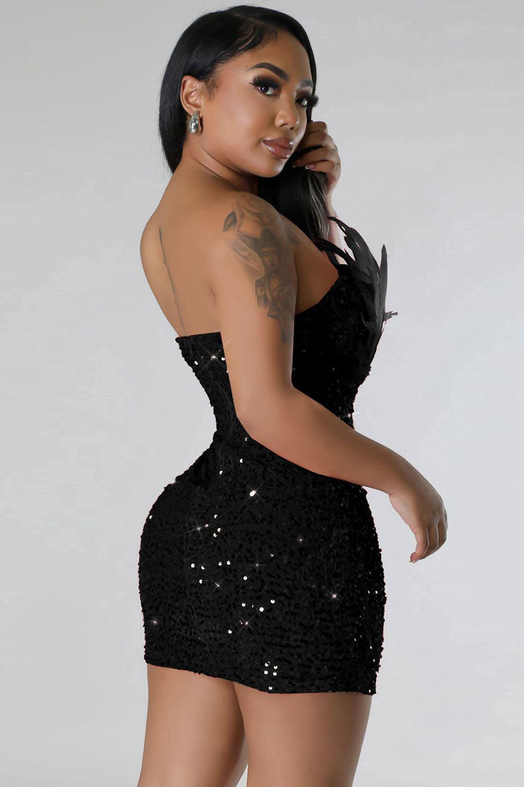 Feather Trim Strapless Bodycon Velvet Sequin Party Mini Dress - Black